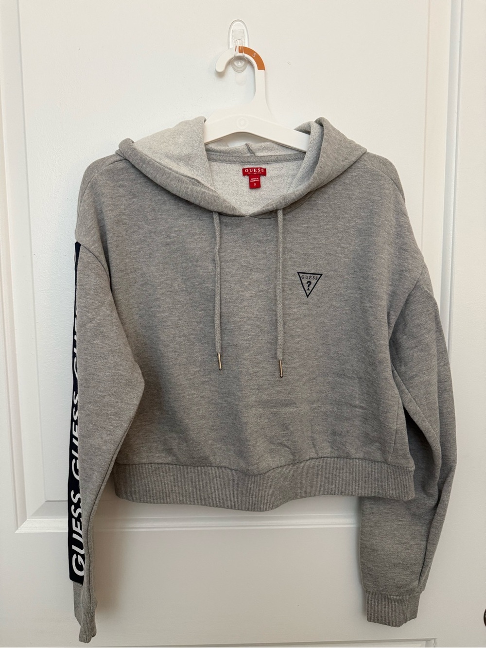 GUESS Gray Cropped Hoodie with Logo Tape Sleeve